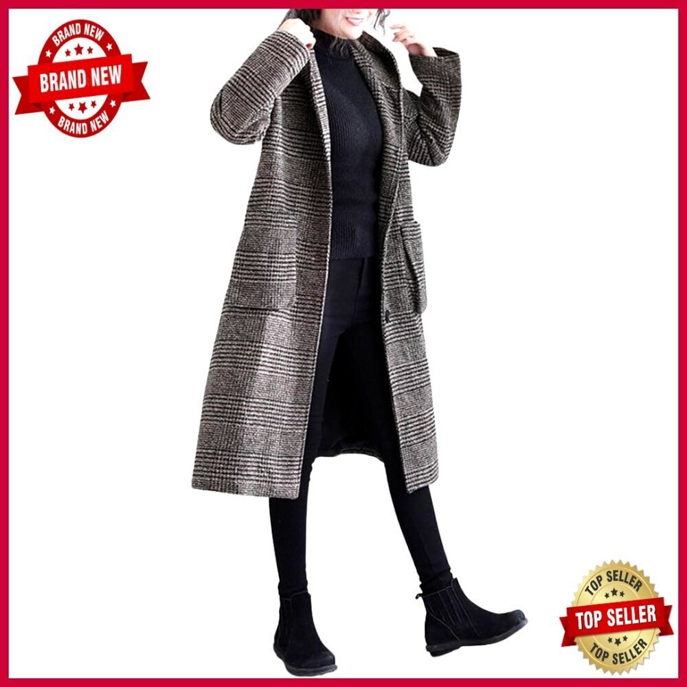 Vintage Houndstooth Plaid Wool Blend Long Coat with Hood Loose Fit